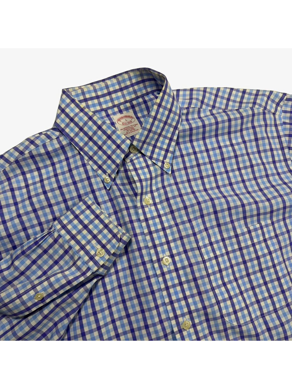 Brooks Brothers Traditional Fit Non-Iron Long Sleeve Blue White Check Shirt L